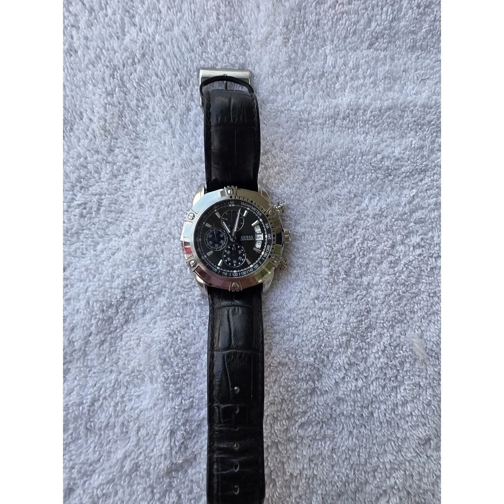Guess Waterpro Chronograph Mens Watch Black Leather Strap U16518G2 100M Stainles